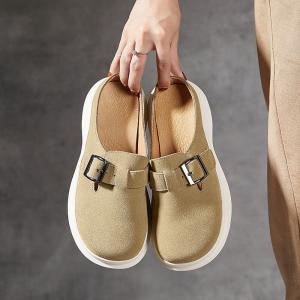 Suede Leather Buckle Wide Toe Wedge Slippers