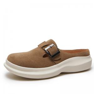 Suede Leather Buckle Wide Toe Wedge Slippers