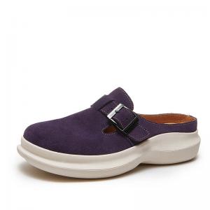 Suede Leather Buckle Wide Toe Wedge Slippers