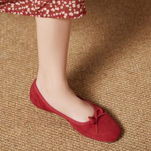 Solid Color Sheepskin Suede Bowknot Ballet Flats