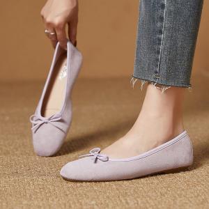 Solid Color Sheepskin Suede Bowknot Ballet Flats