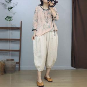 Chinese Side Buttons Ramie Embroidery Blouse