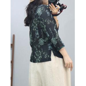 Chinese Side Buttons Ramie Embroidery Blouse