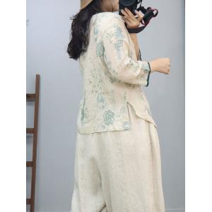 Chinese Side Buttons Ramie Embroidery Blouse