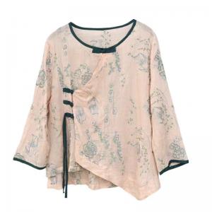 Chinese Side Buttons Ramie Embroidery Blouse