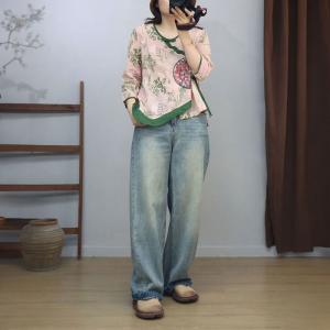 Floral and Chinese Dragon Embroidery Wrap Blouse with Side Belted