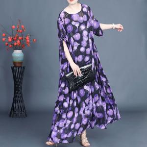 Purple Polka Dot Flouncing Silk Dress
