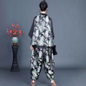 Eastern Style Printed Short Cardigan with Silk Wide Leg Pants