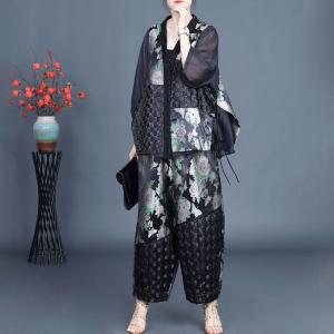 Eastern Style Printed Short Cardigan with Silk Wide Leg Pants