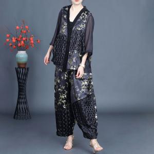Eastern Style Printed Short Cardigan with Silk Wide Leg Pants