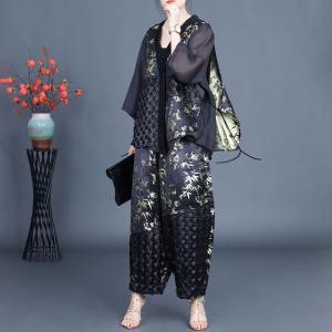 Eastern Style Printed Short Cardigan with Silk Wide Leg Pants