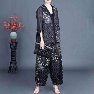 Eastern Style Printed Short Cardigan with Silk Wide Leg Pants