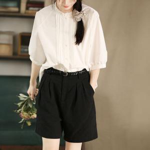 Ruffled Collar Puff Sleeves Cotton White Blouse