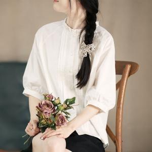 Ruffled Collar Puff Sleeves Cotton White Blouse