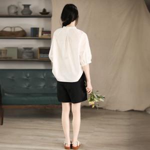 Ruffled Collar Puff Sleeves Cotton White Blouse