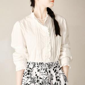 Ruffled Collar Classic Long Sleeves White Peasant Blouse