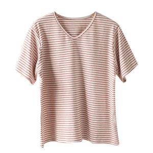 V-Neck Red Striped Cotton Casual T-shirt