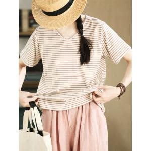 Coffee Striped Cotton Casual V-Neck Tee