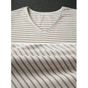 Coffee Striped Cotton Casual V-Neck Tee