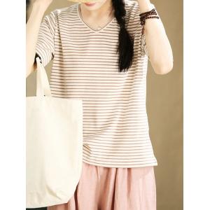 Coffee Striped Cotton Casual V-Neck Tee