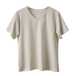 Coffee Striped Cotton Casual V-Neck Tee