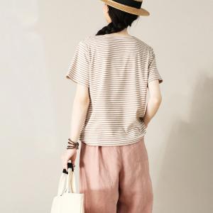 Coffee Striped Cotton Casual V-Neck Tee