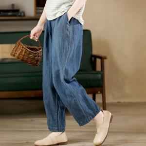 Cozy Casual Cotton Linen Blue Straight Leg Pants