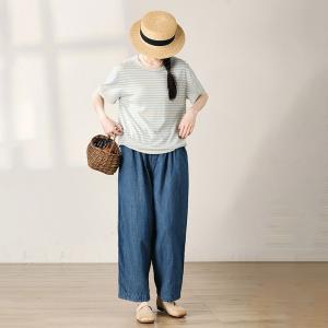 Cozy Casual Cotton Linen Blue Straight Leg Pants