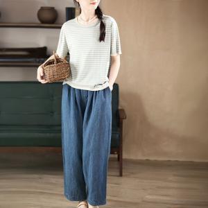 Cozy Casual Cotton Linen Blue Straight Leg Pants