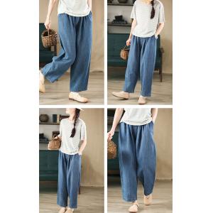 Cozy Casual Cotton Linen Blue Straight Leg Pants