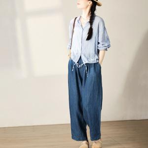 Cozy Casual Cotton Linen Blue Straight Leg Pants