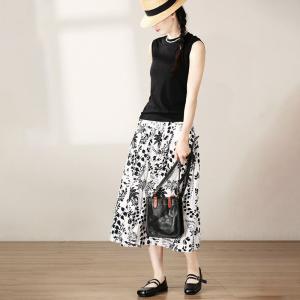 Black Flowers Prints Linen Midi Skirt