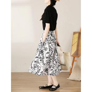 Black Flowers Prints Linen Midi Skirt