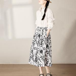 Black Flowers Prints Linen Midi Skirt