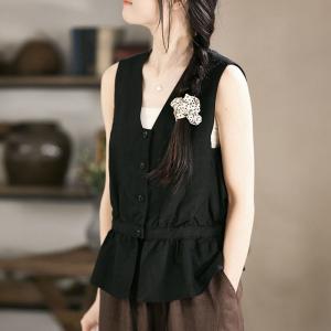 V-Neck Black Cotton Linen Waist-Slimming Vest