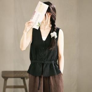 V-Neck Black Cotton Linen Waist-Slimming Vest