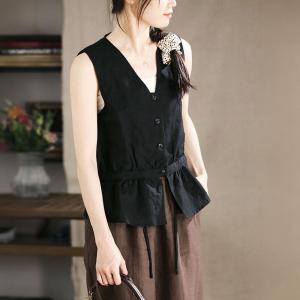 V-Neck Black Cotton Linen Waist-Slimming Vest