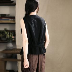 V-Neck Black Cotton Linen Waist-Slimming Vest