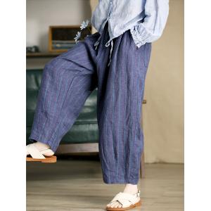 Vertical Striped Blue Yarn-Dyed Linen Cozy Pants