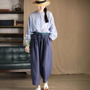 Vertical Striped Blue Yarn-Dyed Linen Cozy Pants