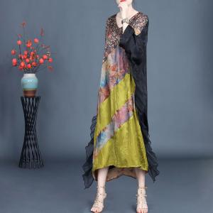 Floral Yellow Silk Flouncing Summer Brunch Dress