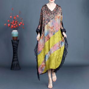 Floral Yellow Silk Flouncing Summer Brunch Dress