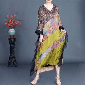 Floral Yellow Silk Flouncing Summer Brunch Dress