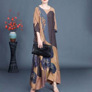 Butterfly and Flowers Coffee Belted Maxi Dress