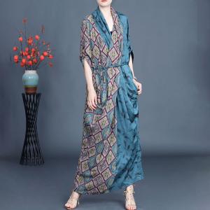 Back Slit Blue Folk Patterned Tied Front Cross Dress