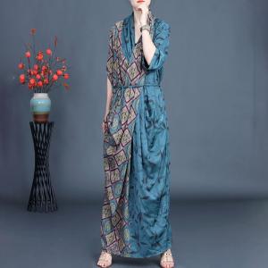 Back Slit Blue Folk Patterned Tied Front Cross Dress