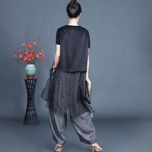 Jacquard Bamboo V-neck Flounced Waistcoat with Wide Leg Pants