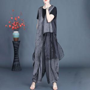 Jacquard Bamboo V-neck Flounced Waistcoat with Wide Leg Pants