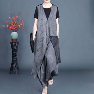 Jacquard Bamboo V-neck Flounced Waistcoat with Wide Leg Pants