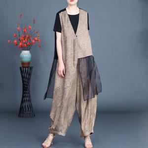 Jacquard Bamboo V-neck Flounced Waistcoat with Wide Leg Pants